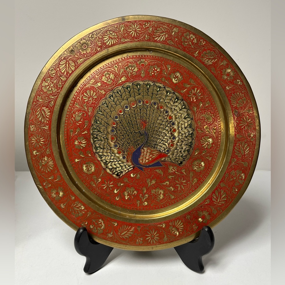 VINTAGE PENCO INDUSTRIES BRASS ETCHED PLATE PLATTER DECOR MADE IN INDIA